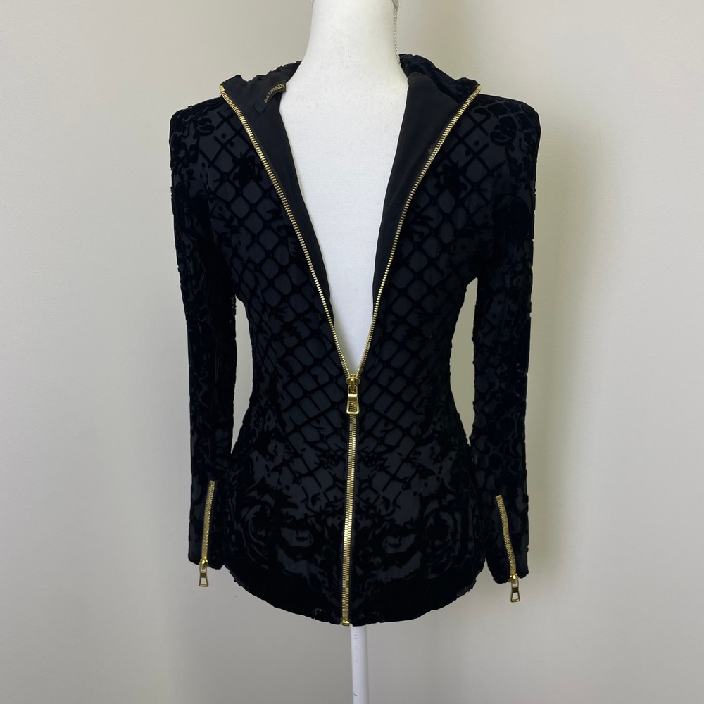 Balmain x HM 2015 Black Silk Burnout Velvet Mock Neck Top Gold Zip Size 8 - Picture 5 of 16